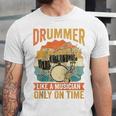 Drummer Like a Musician Only On Time Vintage Sunset Drum Kit Raglan Baseball Tee Unisex Jersey T-Shirt