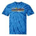 Trendy Canoe Silhouette Colourful Landscape Raglan Baseball Tee Tie-Dye T-Shirts Blue Tie-Dye
