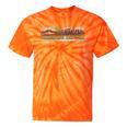 Trendy Canoe Silhouette Colourful Landscape Raglan Baseball Tee Tie-Dye T-Shirts Orange Tie-Dye