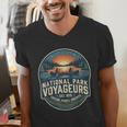 National Park Voyageurs Retro Sunset Canoe Paddling Badge Men's V-Neck T-Shirt National Park Voyageurs Retro Sunset Canoe Paddling Badge Men's V-Neck T-Shirt