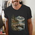 Women's Lakeside Canoe Cabin Escape Scene Men's V-Neck T-Shirt