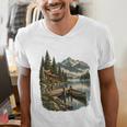 Lakeside Canoe Cabin Escape Scene Raglan Baseball Tee Men's V-Neck T-Shirt