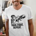 Train Fight Repeat Nak Muay Thai Boxing Fighter Raglan Baseball Tee Men's V-Neck T-Shirt