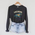 Lakes Lake Ontario Fishing Canoe Lighthouse Outdoor Raglan Sleeve Sweatshirt Dark Grey Heather