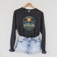 National Park Voyageurs Retro Sunset Canoe Paddling Badge Raglan Sleeve Sweatshirt Dark Grey Heather