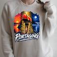 Portaging Canoe Wilderness Adventure Scenic Graphic Raglan Sleeve Sweatshirt Heather Forest