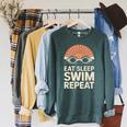 Eat Sleep Swim Repeat Swimmer Swimming Raglan Sleeve Sweatshirt Heather Blue Lagoon