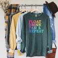Float Drink Tan Repeat Summer Swimming Beach Pool Vacation Raglan Sleeve Sweatshirt Heather Blue Lagoon