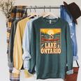 Lake Ontario Canoe Fishing Light House Sunset Retro Raglan Baseball Tee Raglan Sleeve Sweatshirt Heather Blue Lagoon