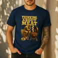 Thinking About Meat BBQ Dad Humor Raglan Baseball Tee Men's Casual T-Shirt Navy