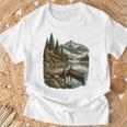Lakeside Canoe Cabin Escape Scene Raglan Baseball Tee T-Shirt Gifts for Old Men