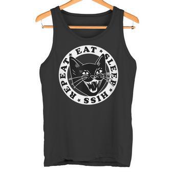 Divertido Gato Negro Comer Dormir Hiss Repeat Camiseta sin mangas - Regaloses