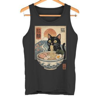 Gato Negro Comiendo Ramen Arteintage Japonés Con El Monte Fuji Camiseta sin mangas - Regaloses