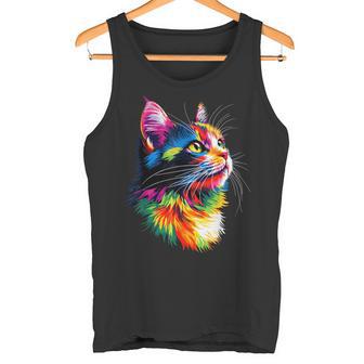 Katze In Bunt Regenbogen Farben Popart Miau Liebe Katzen Tank Top - Geschenkecke