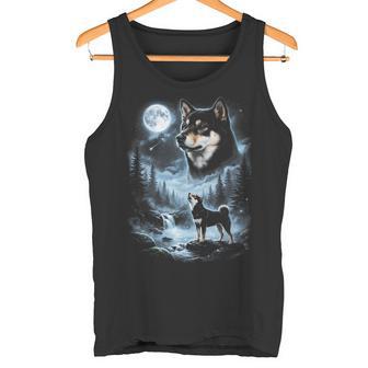 Perro Retro De Los 90Hiba Inu Aullando A La Luna Negro Y Tostado Camiseta sin mangas - Regaloses