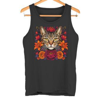 Tête De Chat Tigréintage Avec Roses Et Lys Débardeur e - Cadeauxyz