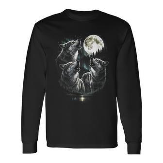 3 Wolf Howling To Moon Vintage Retro Style 80S-90S Long Sleeve T-Shirt - Thegiftio UK