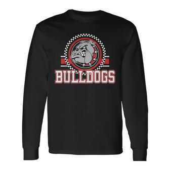 Bulldogs Checkered Print Logo Red Bulldog Mascot School Long Sleeve T-Shirt | Seseable UK