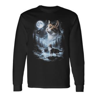 Calico Cat Howling At Moon 90'S Retro Long Sleeve T-Shirt - Thegiftio UK