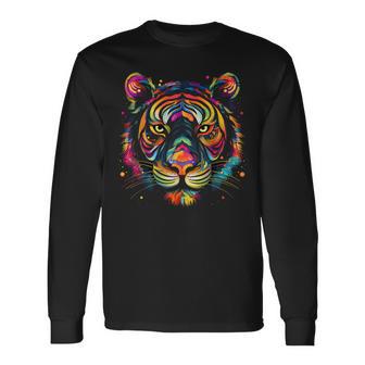 Cara De Tigre Colorida Arte De Animalesalvajes Gatos Grandes Negro Camiseta de manga larga - Regaloses
