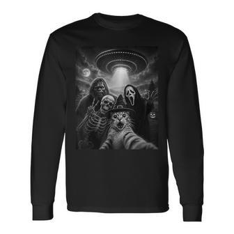 Cat Selfie With Bigfoot Skeleton Alien Ufo Ghost Scary Face Long Sleeve T-Shirt - Thegiftio UK