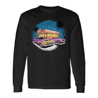 Colorido Muscle Cars Retro Diner Noche Escena Coche Clásico Camiseta de manga larga - Regaloses