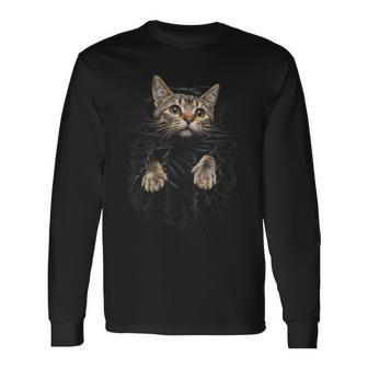 Curious Tabby Cat Torn Fabric Paws Realistic 3D Illusion Long Sleeve T-Shirt | Seseable UK