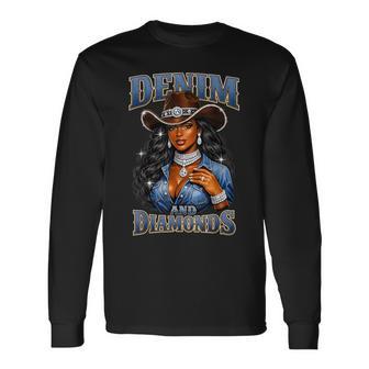Denim And Diamonds African Melanin Cowgirls Western Long Sleeve T-Shirt - Thegiftio UK