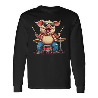 Divertido Disfraz De Cerdo Con Tambores Para Los Amantes De Los Rockeros Y Cerditos Camiseta de manga larga - Regaloses
