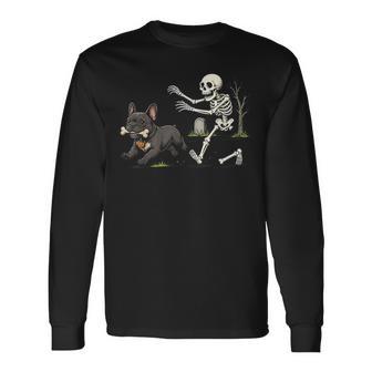 French Bulldog Dog Stealing Bone From Skeleton Halloween Long Sleeve T-Shirt | Seseable UK
