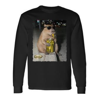 Capybara Eating Pickles Meme Long Sleeve T-Shirt - Monsterry
