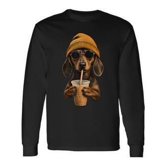 Dachshund Hipster Dog Wiener Dog Drinking Iced Coffe Long Sleeve T-Shirt | Seseable UK