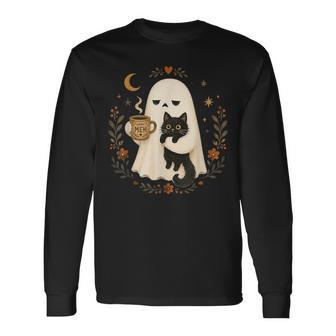 Halloween Ghost Black Cat Meh Cute Spooky Long Sleeve T-Shirt - Thegiftio UK