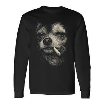 Moody Long Haired Chihuahua Smoking Cigarette Meme Long Sleeve T-Shirt - Thegiftio UK