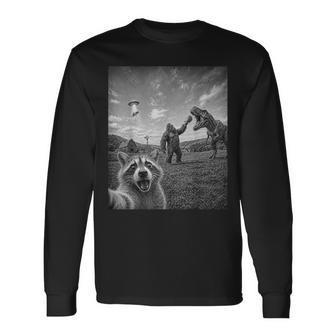 Raccoon Selfie With Bigfoot T Rex Dinosaur And Ufo Long Sleeve T-Shirt - Thegiftio UK