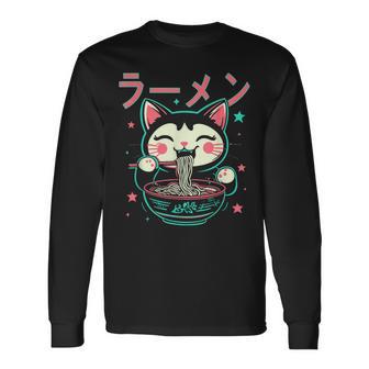 Gato Anime Comiendo Ramen Fideos Japoneses Y Gato Kawaii Retro Camiseta de manga larga - Regaloses