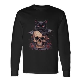 Gato Negro Con Calavera Gótica Camiseta de manga larga - Regaloses