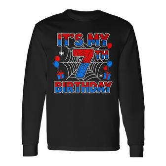Its My 7Th Birthday Boy 7 Year Old Spider Web Birthday Party Long Sleeve T-Shirt - Thegiftio UK