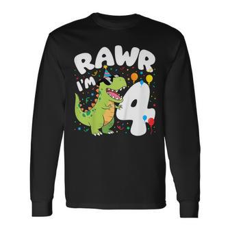 Kids 4Th Birthday Four Dinosaur 4 Year Old T Rex Dino Bday Boy Long Sleeve T-Shirt - Thegiftio UK