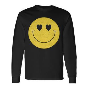 Lindos Ojos De Corazón Divertidos De Los Años 70 Caraonriente Feliz Amarilla Manga Larga Camiseta de manga larga - Regaloses
