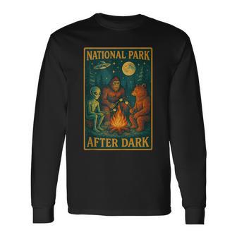 National Park After Dark Alien Bigfoot Bear Camping Long Sleeve T-Shirt - Monsterry