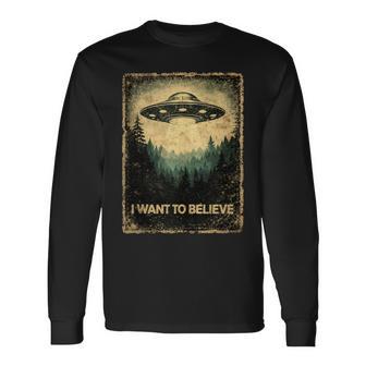 Obra De Arteintage Envejecida De I Want To Believe Ufo Alien In Mangas Camiseta de manga larga - Regaloses