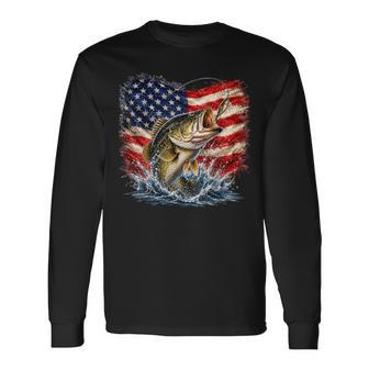Patriotic Bass Fishing American Flag Vintage Fisherman Long Sleeve T-Shirt - Thegiftio UK