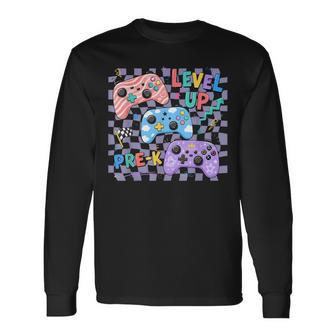 Retro Checkered Level Up Pre K Gamer Back To School Gaming Long Sleeve T-Shirt - Thegiftio UK