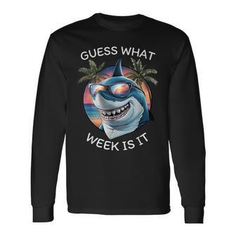 Retro Shark 2025 Week Guess What Week Is It Fun Shark Lover Long Sleeve T-Shirt - Thegiftio UK