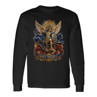 San Miguel Quis Ut Deus Arcángel Espada Y Rosas Arte Camiseta de manga larga - Regaloses
