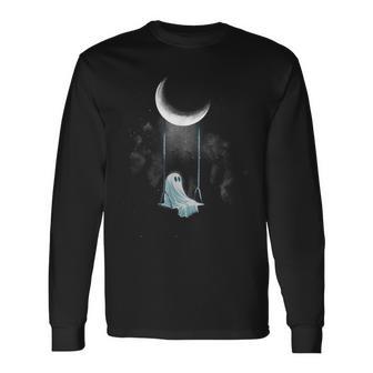 Spooky Ghost Swing Under Moon Lazy Halloween Costume Gothic Long Sleeve T-Shirt - Thegiftio UK