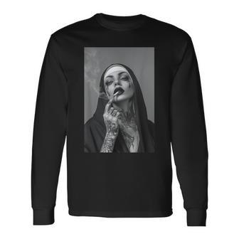 Tattooed Nun Smokes Cigarette Rebbelin Christ Jesus Long Sleeve T-Shirt - Thegiftio UK