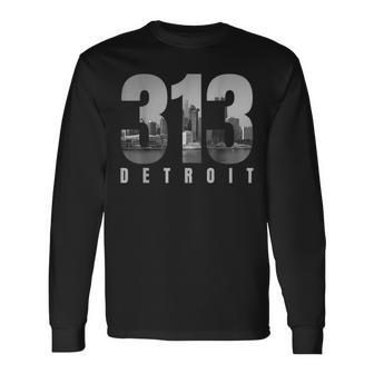 Vintage Detroit 313 Skyline Retro Michigan City Long Sleeve T-Shirt | Seseable UK