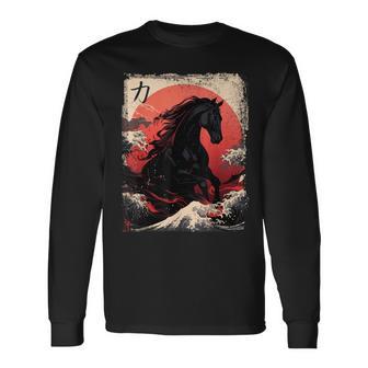 Vintage Japonés Negro Caballo La Gran Ola Off Kanagawa Camiseta de manga larga - Regaloses